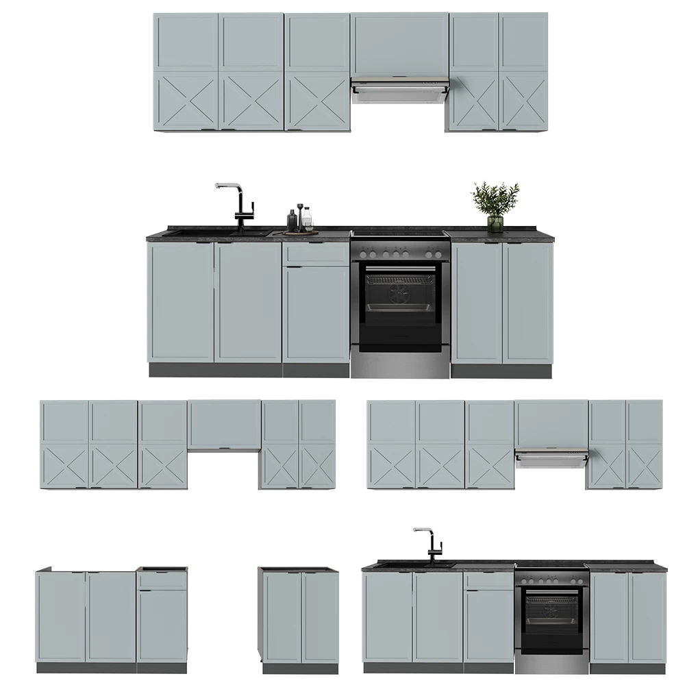Cuisine en Bleu clair-gris/anthracite sur fond blanc avec des éléments décoratifs