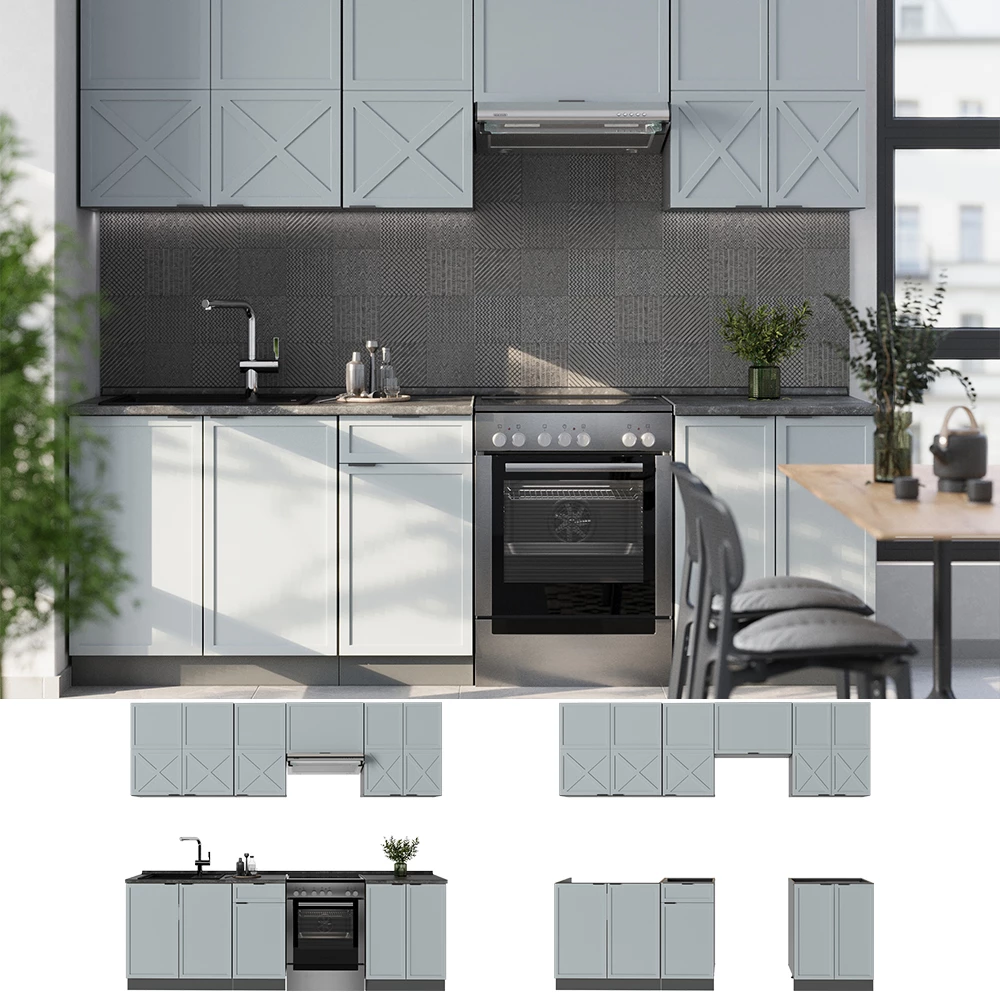 Cuisine en Bleu clair-gris/anthracite, présenté dans un décor ambiant et sur fond blanc
