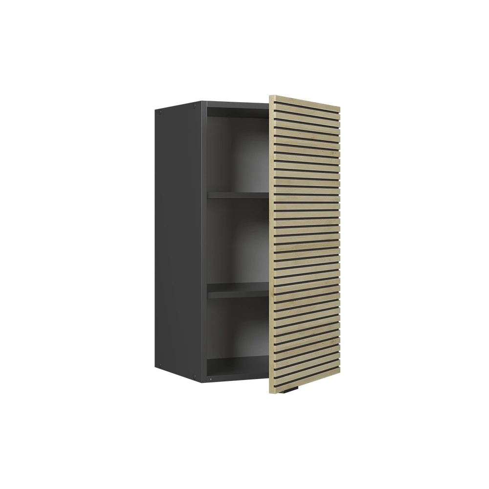 Küchenschränke  in Eiche Paneel auf weißem Hintergrund