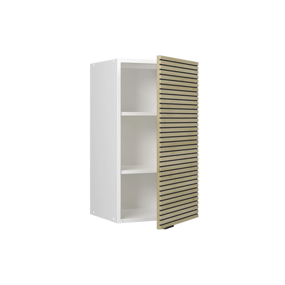 Küchenschränke  in Eiche Paneel auf weißem Hintergrund