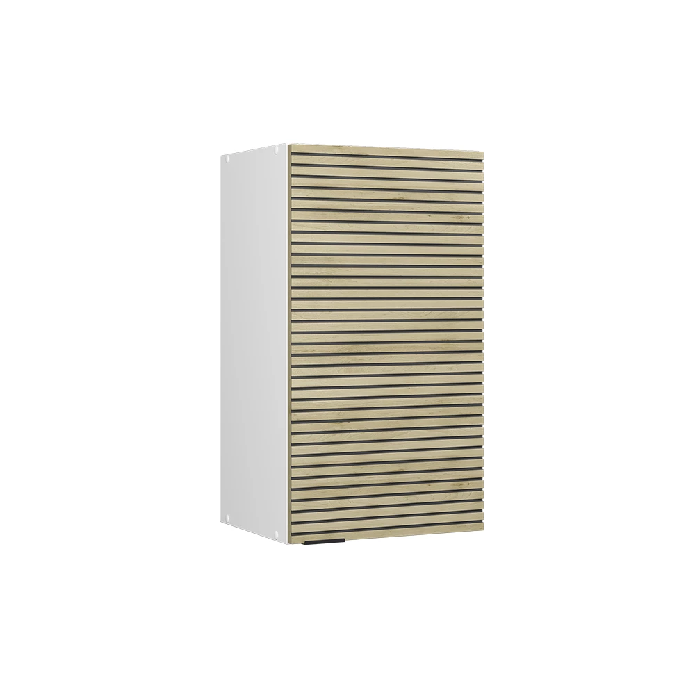 Küchenschränke  in Eiche Paneel auf weißem Hintergrund