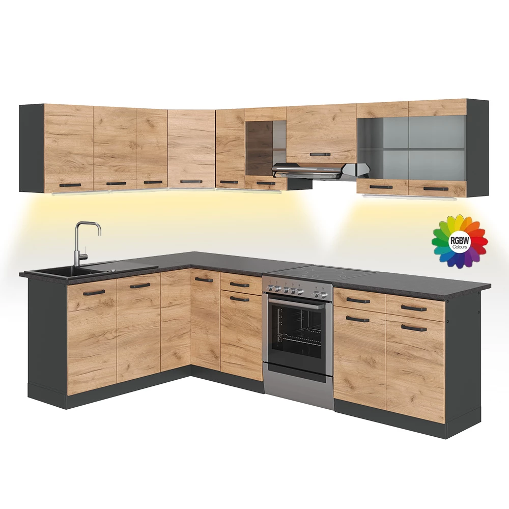 Cocina esquinera en Antracita/roble dorado sobre fondo blanco con elementos decorativos