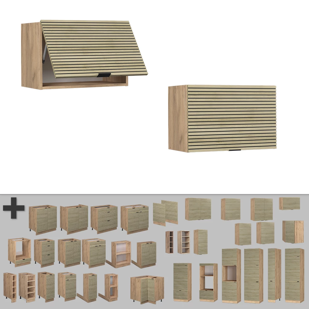 Nahaufnahme von Hängeschrank in Eiche Paneel, zeigt Textur/Details