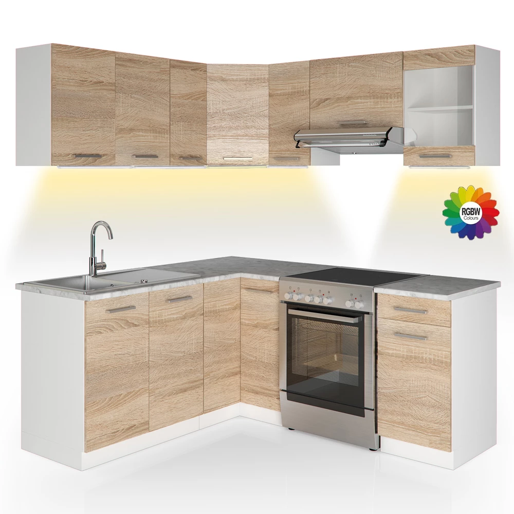 Cucina ad angolo in Bianco/Sonoma su sfondo bianco con elementi decorativi