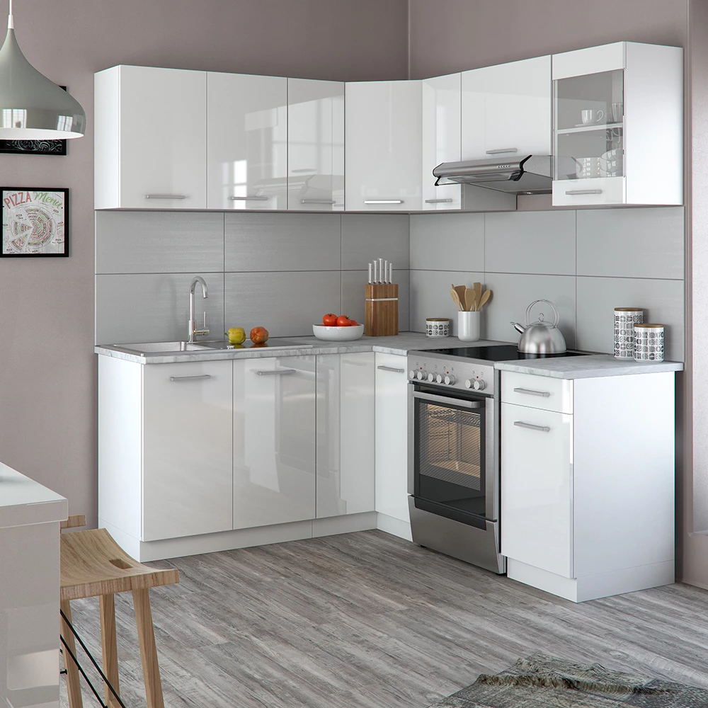 Cucina angolare completa in Bianco/bianco lucido su sfondo bianco