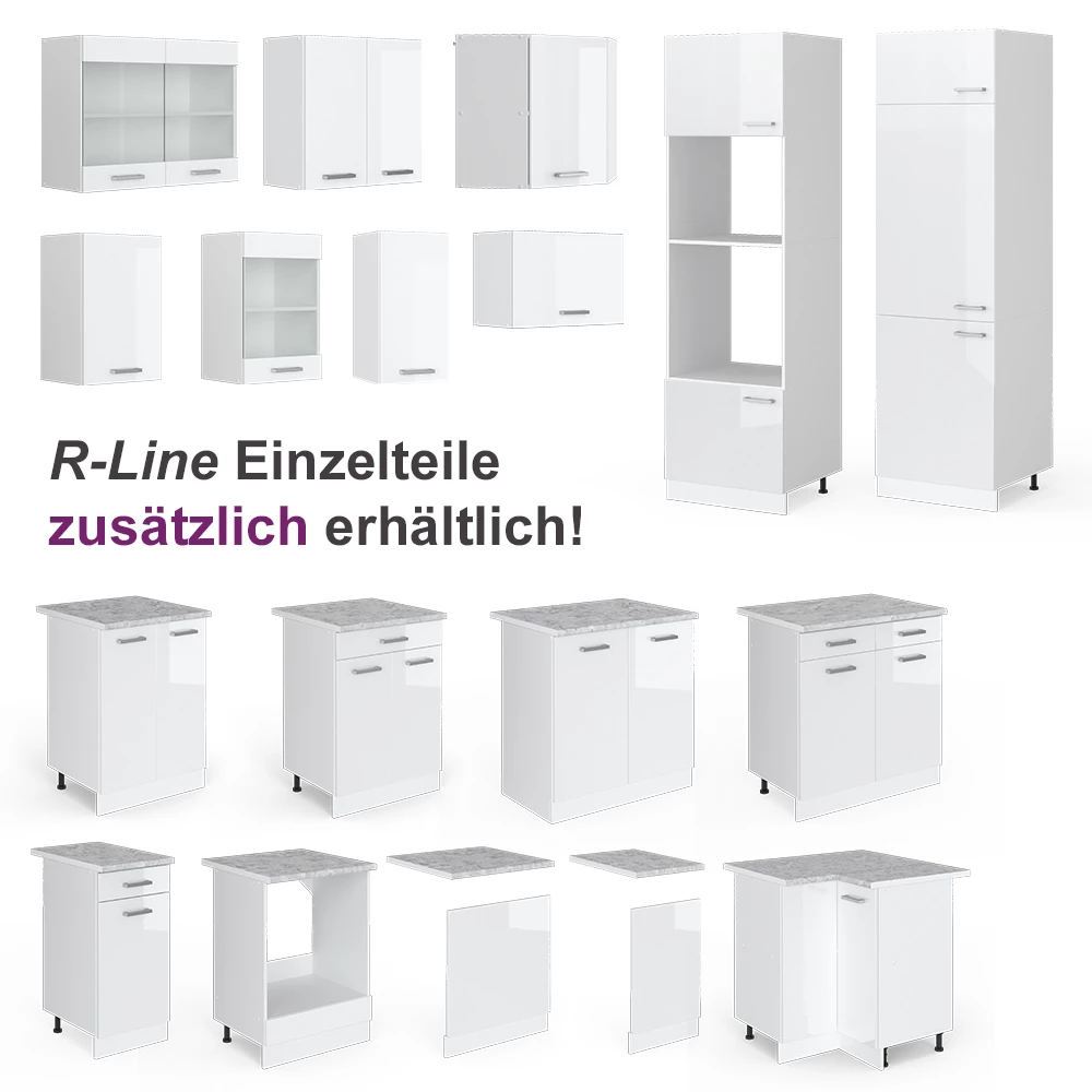 Eckküche R-Line Weiß Hochglanz/Weiß 187 x 167 cm, AP Marmor mit LED-Leisten livinity®