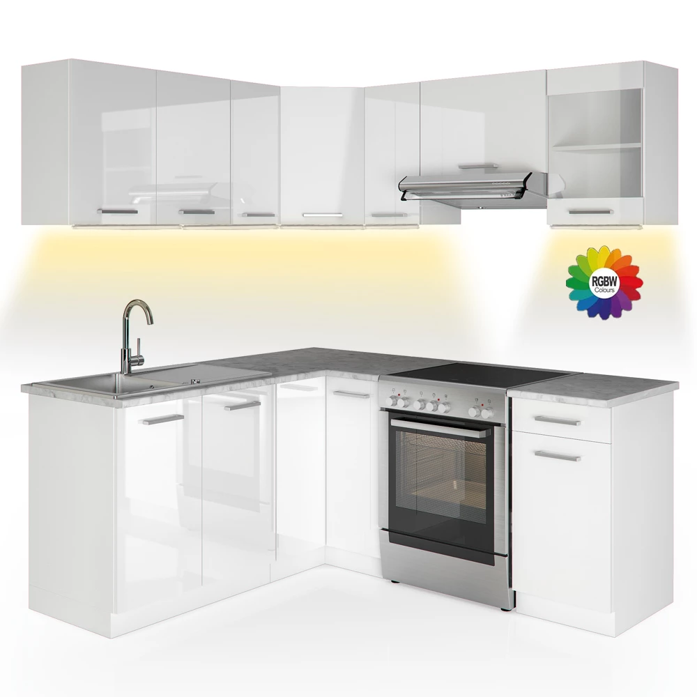Cucina angolare completa in Bianco/bianco lucido su sfondo bianco