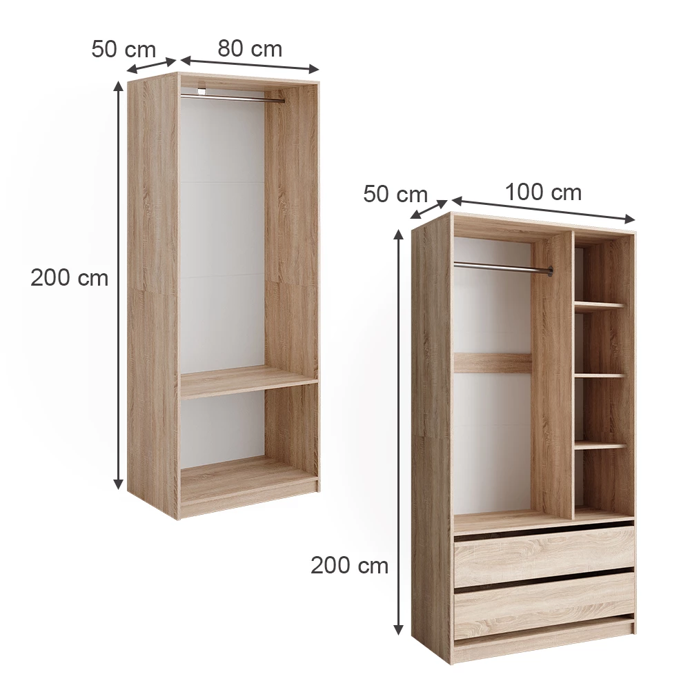 Garderobe i farven Sonoma på hvid baggrund med synlige dimensioner