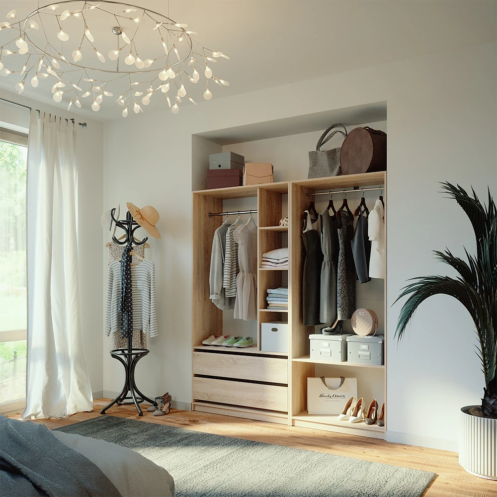 Garderobe i farven Sonoma, vist i et miljø med dekoration