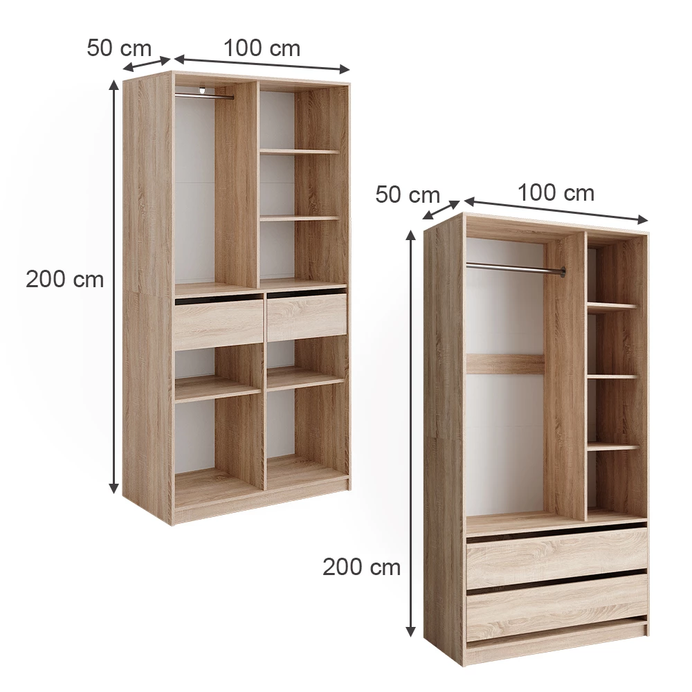 Garderobe i farven Sonoma på hvid baggrund med synlige dimensioner