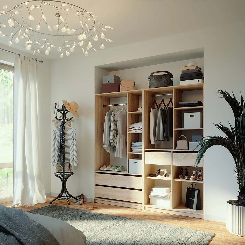 Garderobe i farven Sonoma, vist i et miljø med dekoration