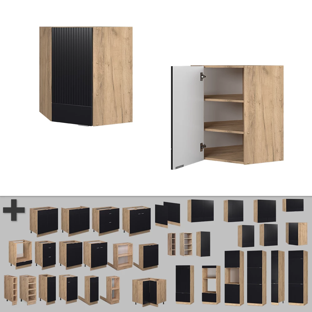 Nahaufnahme von Eckhängeschrank in Schwarz gestreift, zeigt Textur/Details