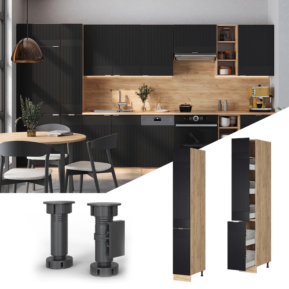 Apothekerschrank in Schwarz gestreift, dargestellt im Ambiente und auf weißem Hintergrund