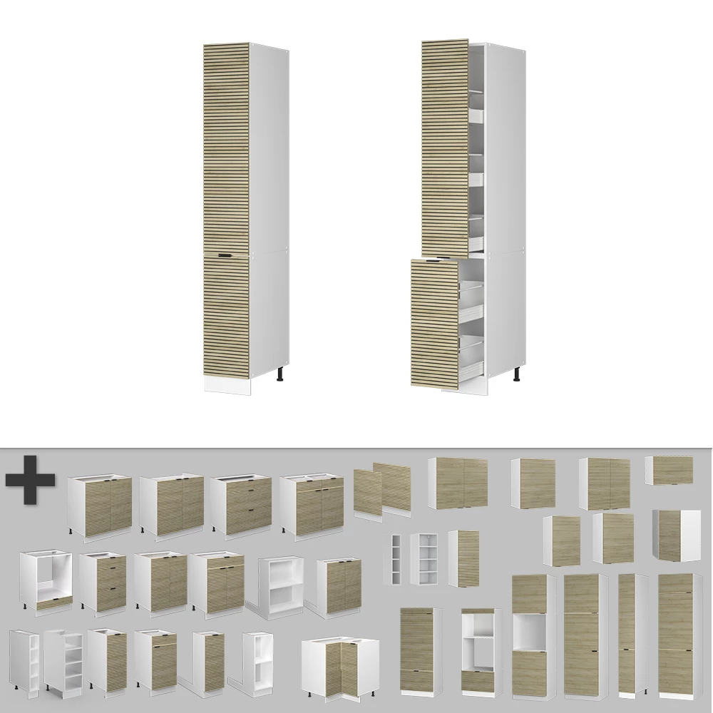 Nahaufnahme von Apothekerschrank in Eiche Paneel, zeigt Textur/Details. Produktbezeichnung: livinity® Apothekerschrank Eiche Paneel 30 cm, Fame-Line