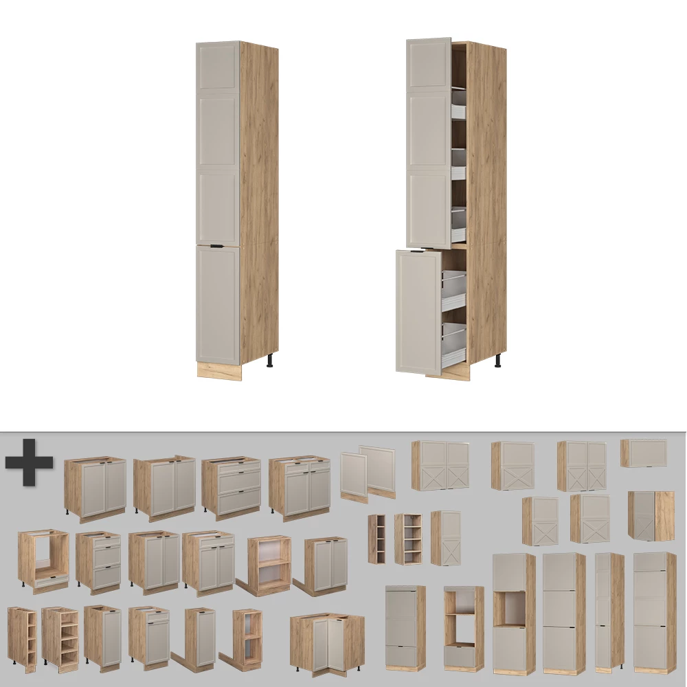 Nahaufnahme von Apothekerschrank in GrauBeige, zeigt Textur/Details