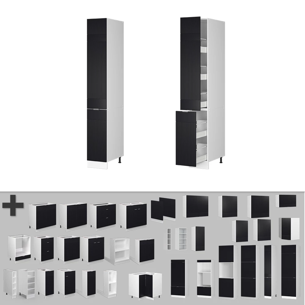 Nahaufnahme von Apothekerhochschrank in Schwarz gestreift, zeigt Textur/Details