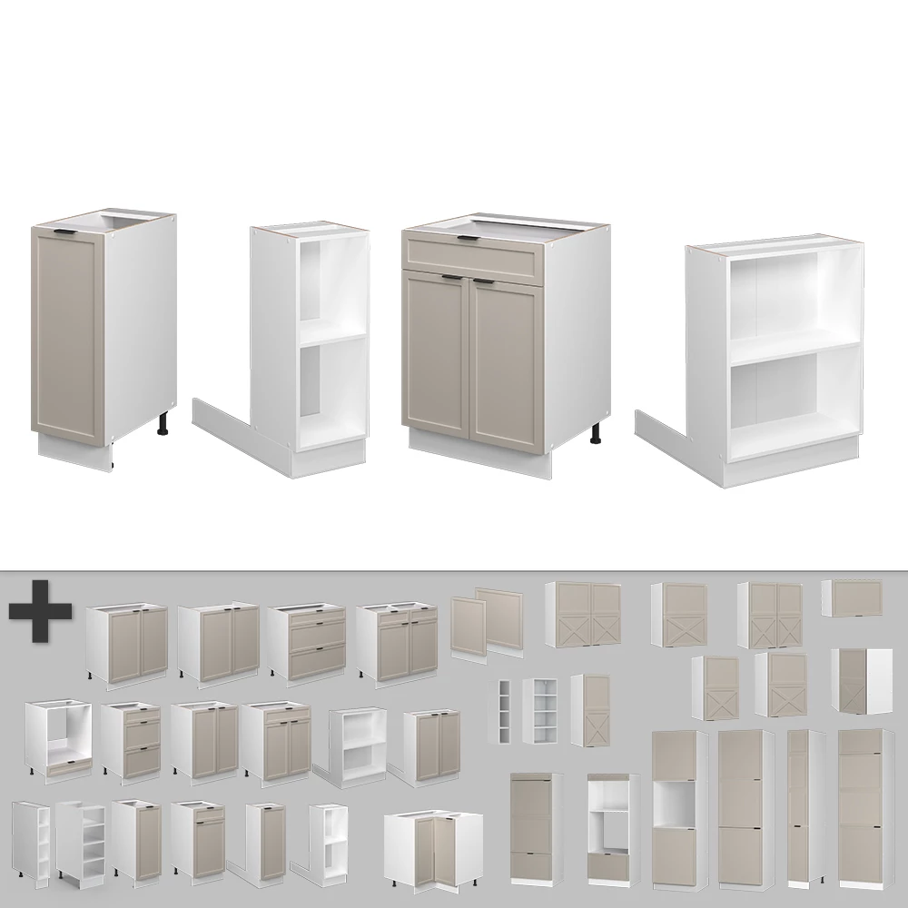 Nahaufnahme von Kücheninsel in GrauBeige, zeigt Design- und Oberflächendetails