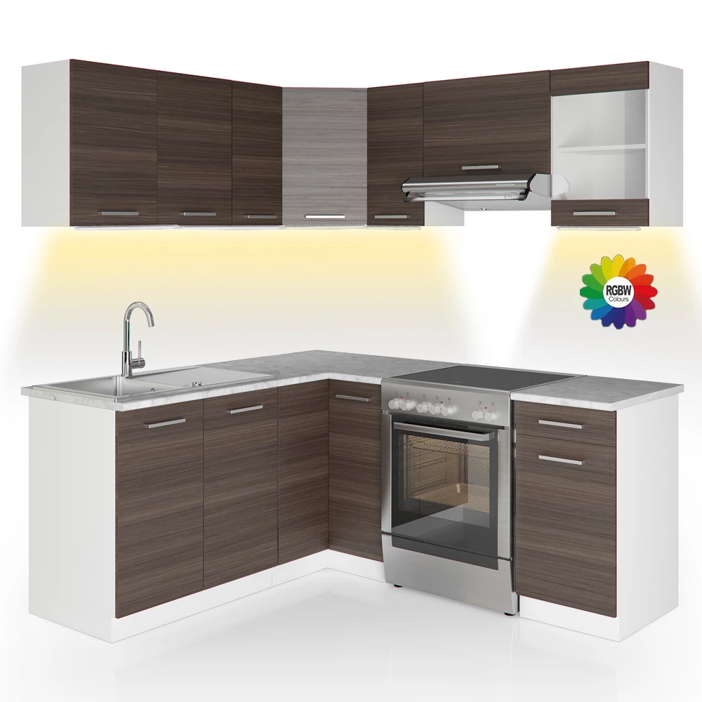 Cucina ad angolo in Grigio prezioso/bianco su sfondo bianco con elementi decorativi