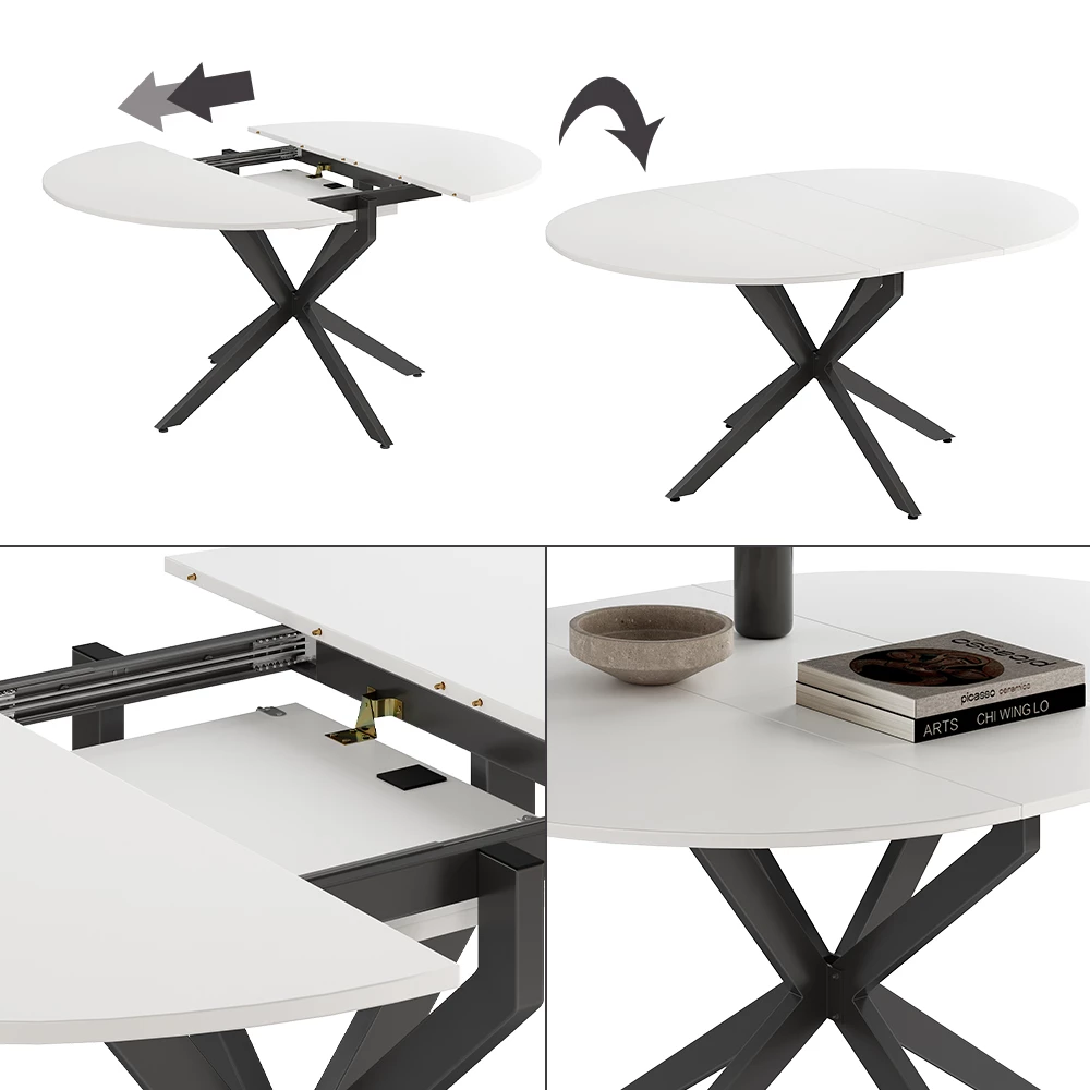 Nahaufnahme von Esstisch in Weiß/Schwarz, zeigt Design- und Oberflächendetails