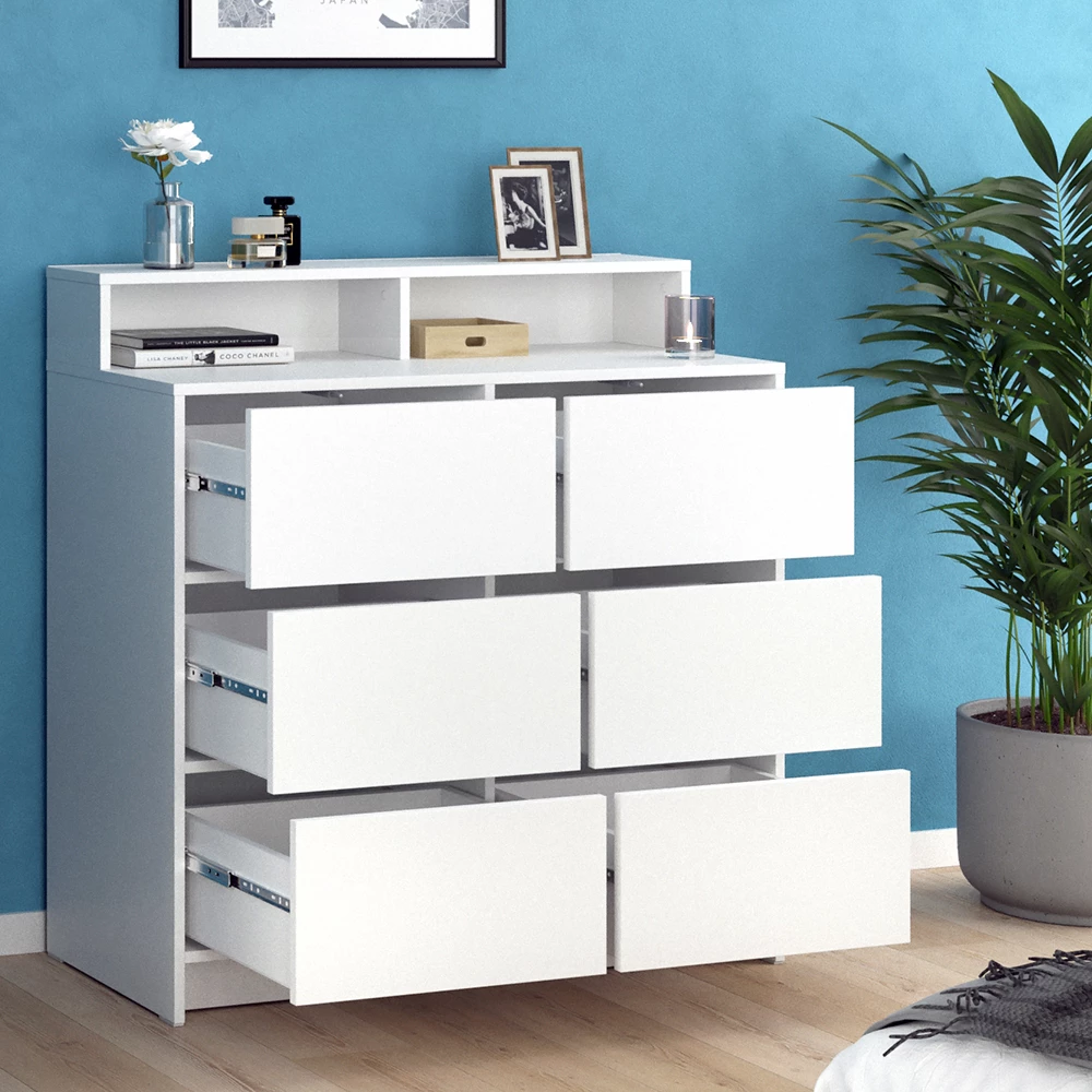 Nahaufnahme von Kommode in Weiß, zeigt Textur/Details