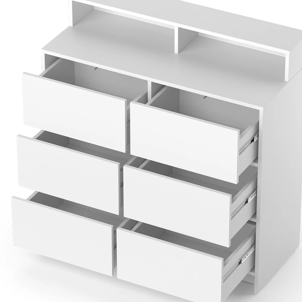 Nahaufnahme von Kommode in Weiß, zeigt Design- und Oberflächendetails