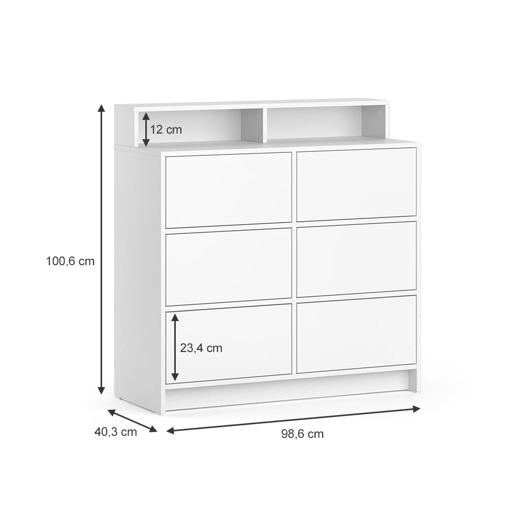 Kommode in Weiß auf weißem Hintergrund mit sichtbaren Maßen