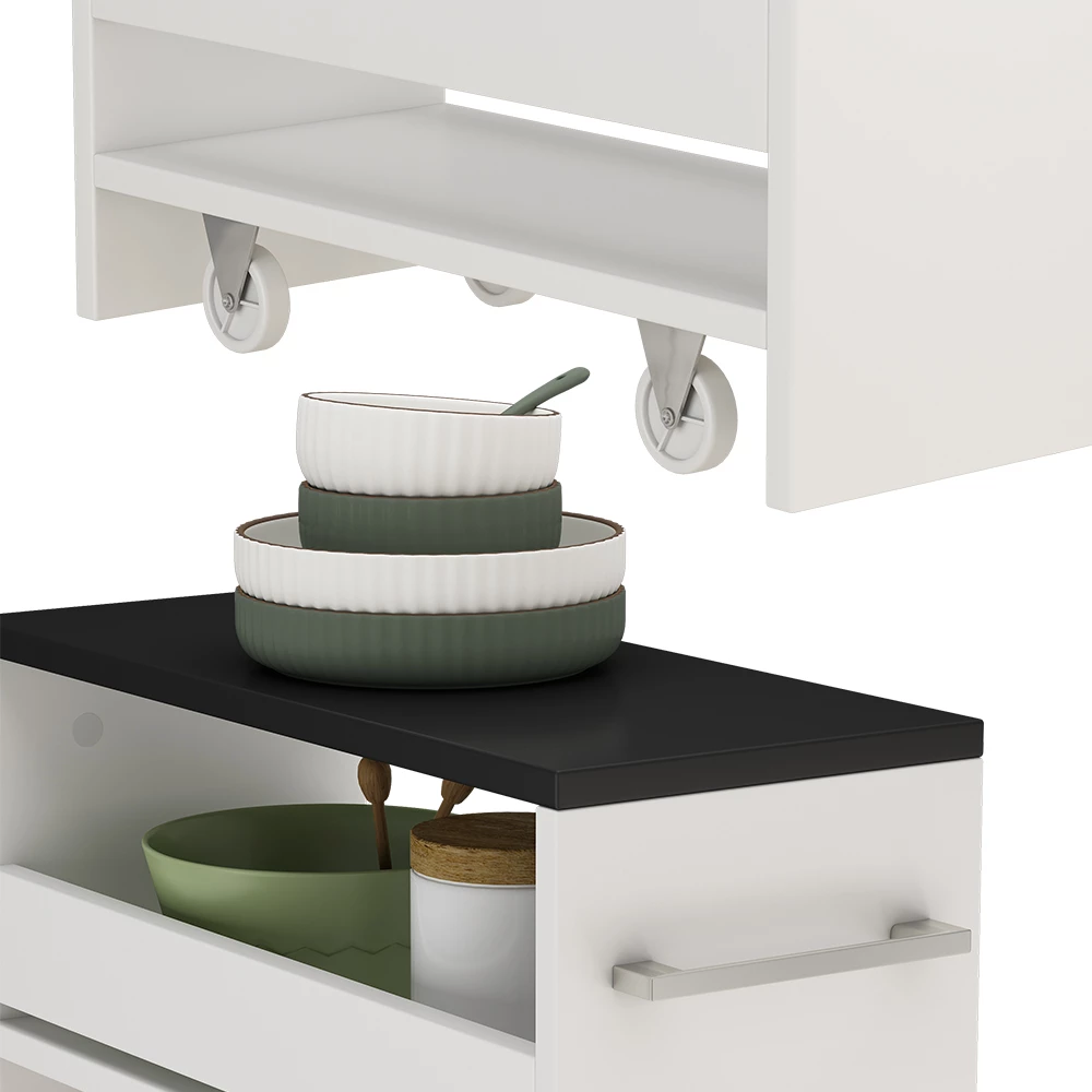 Nahaufnahme von Rollregal in Weiß/Anthrazit, zeigt Design- und Oberflächendetails