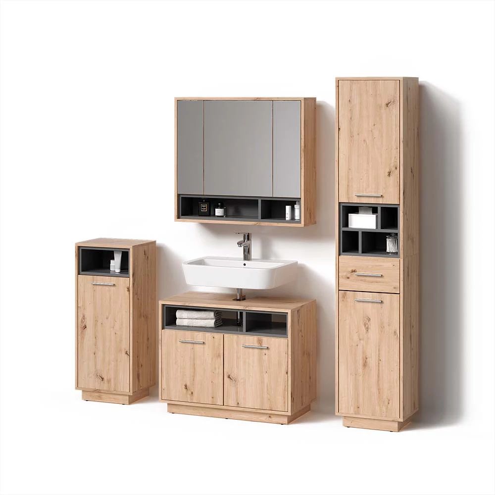 Badmöbel-Set in Artisan-Eiche auf weißem Hintergrund