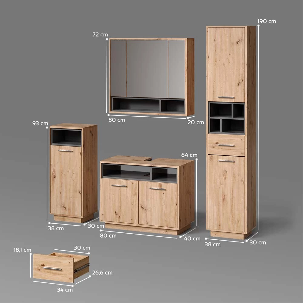 Badmöbel-Set in Artisan-Eiche auf weißem Hintergrund mit sichtbaren Maßen