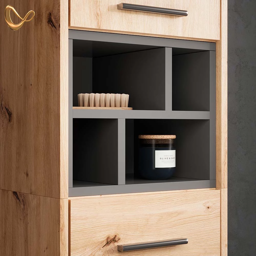 Nahaufnahme von Badmöbel-Set in Artisan-Eiche, zeigt Design- und Oberflächendetails