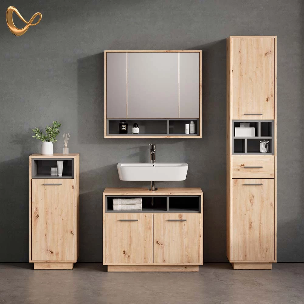 Badmöbel-Set in Artisan-Eiche, dargestellt im Ambiente und auf weißem Hintergrund