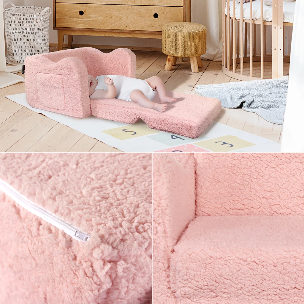 Nahaufnahme von Kindersessel in Rosa, zeigt Textur/Details
