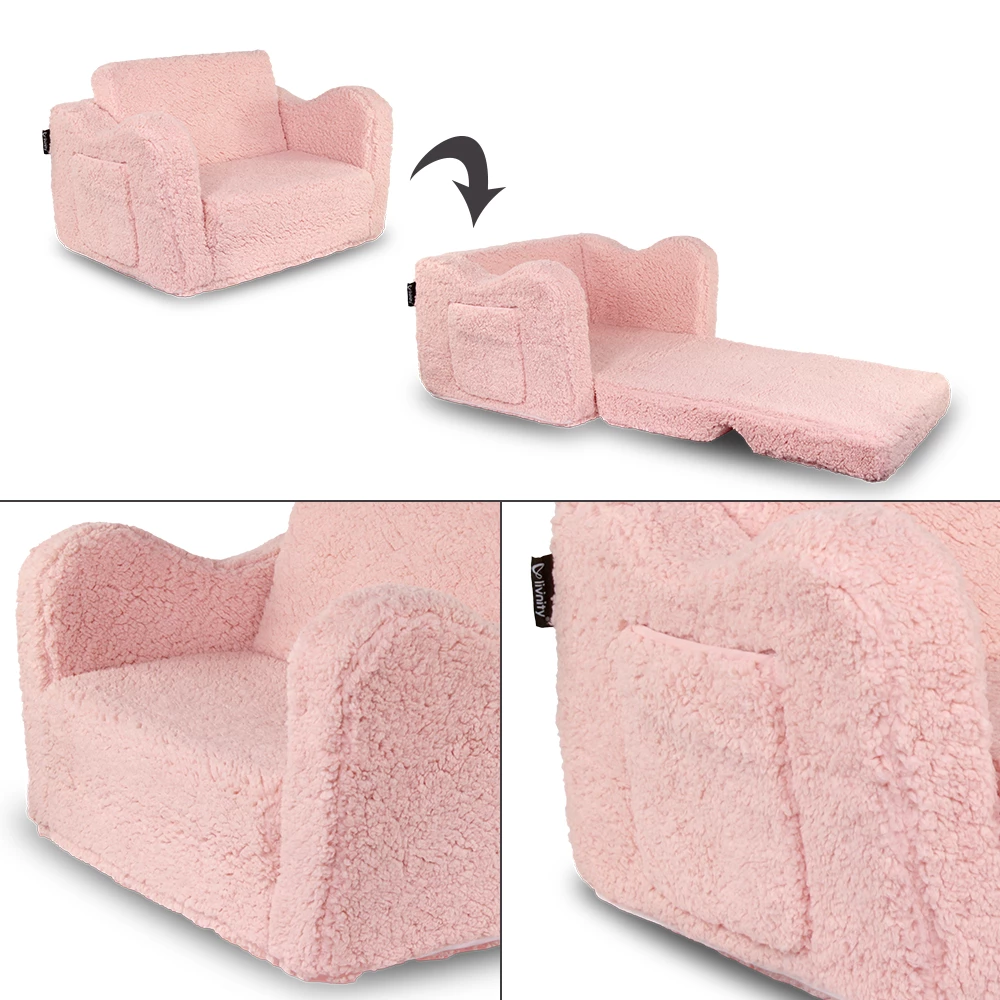 Nahaufnahme von Kindersessel in Rosa, zeigt Design- und Oberflächendetails