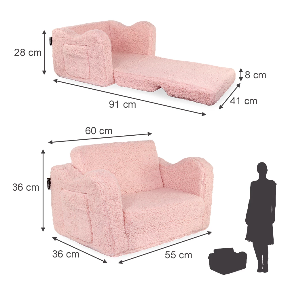 Kindersessel in Rosa auf weißem Hintergrund mit sichtbaren Maßen