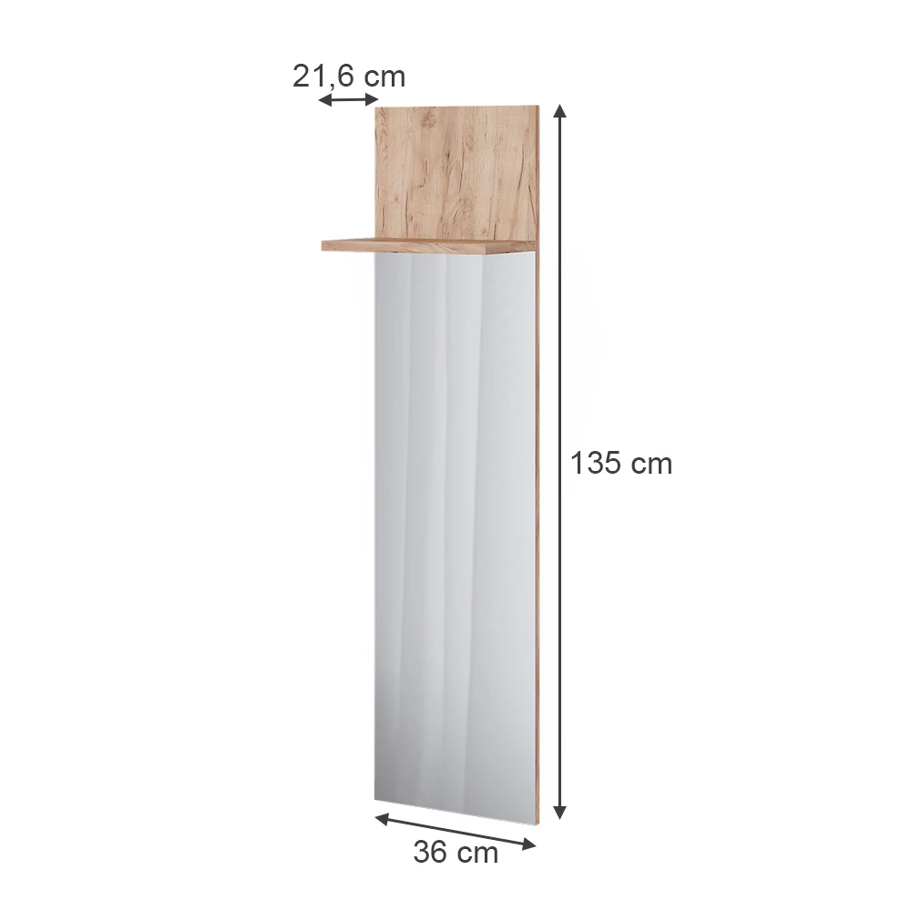 Wandgarderobe in Goldkraft Eiche auf weißem Hintergrund mit sichtbaren Maßen