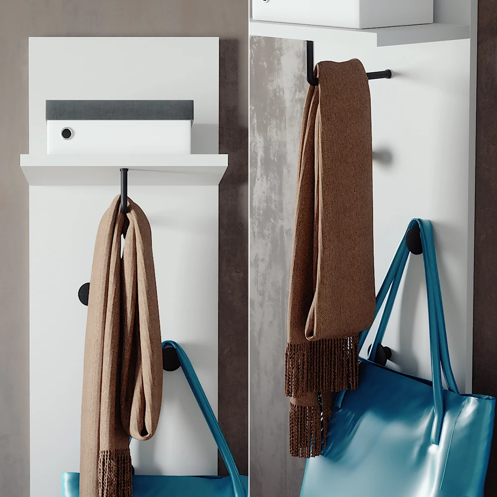 Nahaufnahme von Wandgarderobe in Weiß, zeigt Textur/Details