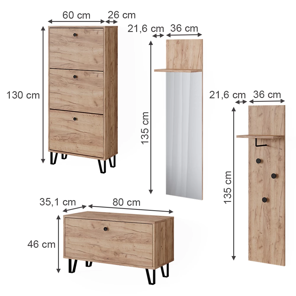 Garderobenset in Goldkraft Eiche auf weißem Hintergrund mit sichtbaren Maßen