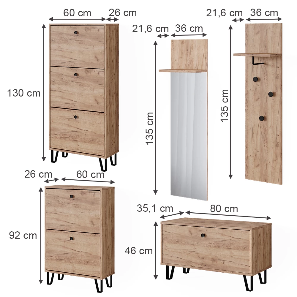 Garderobenset in Goldkraft Eiche auf weißem Hintergrund mit sichtbaren Maßen