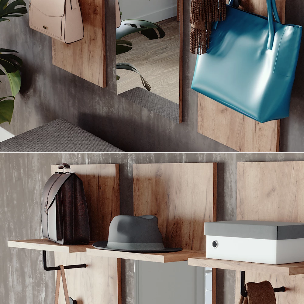 Nahaufnahme von Wandgarderobe in Goldkraft Eiche, zeigt Textur/Details