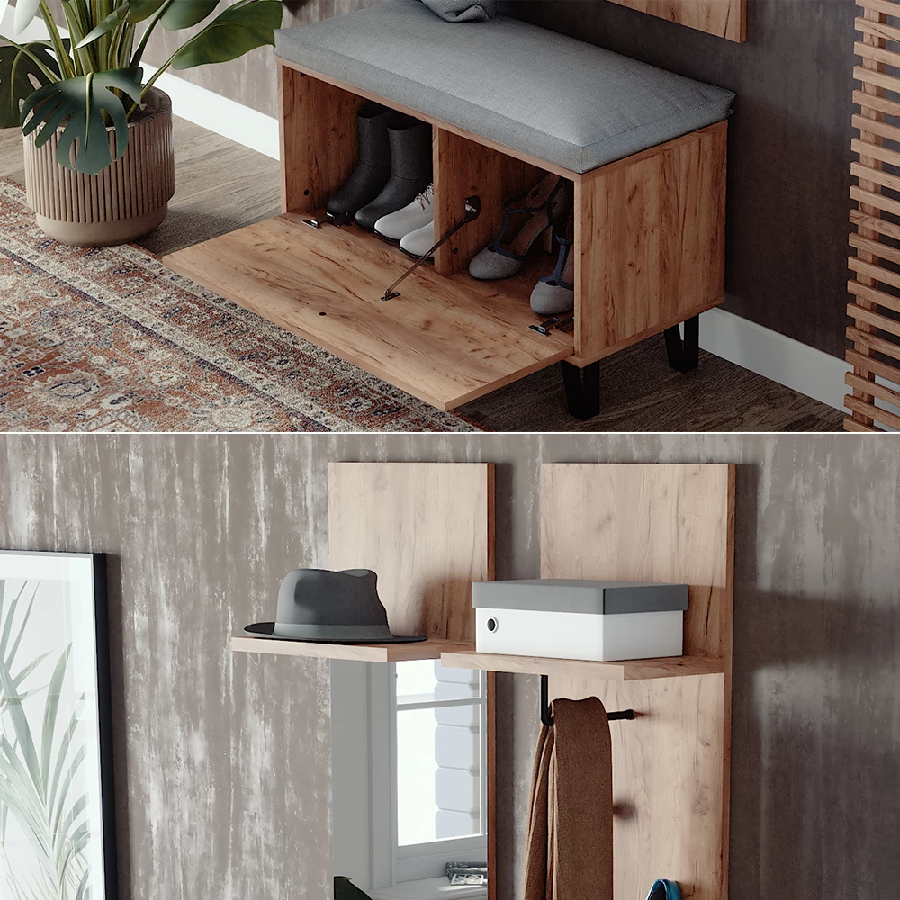 Nahaufnahme von Garderobenset in Goldkraft Eiche, zeigt Textur/Details