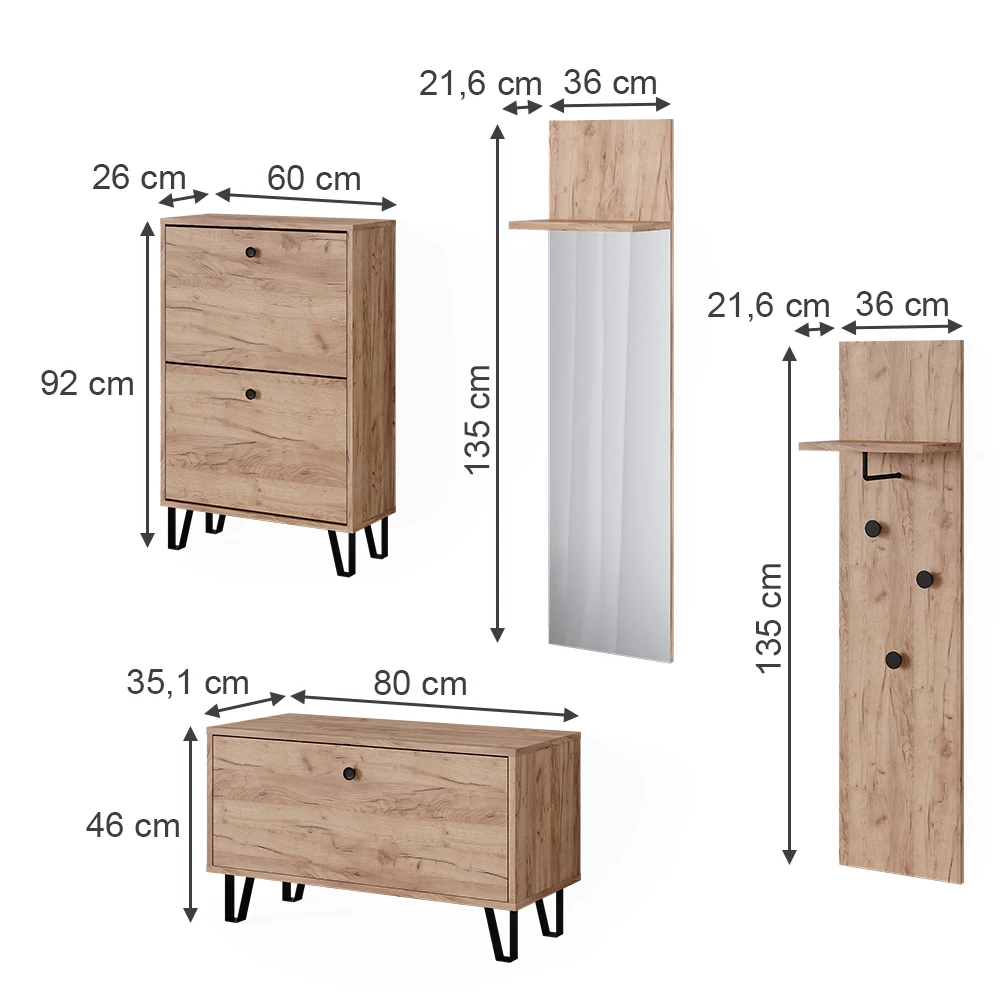 Garderobenset in Goldkraft Eiche auf weißem Hintergrund mit sichtbaren Maßen