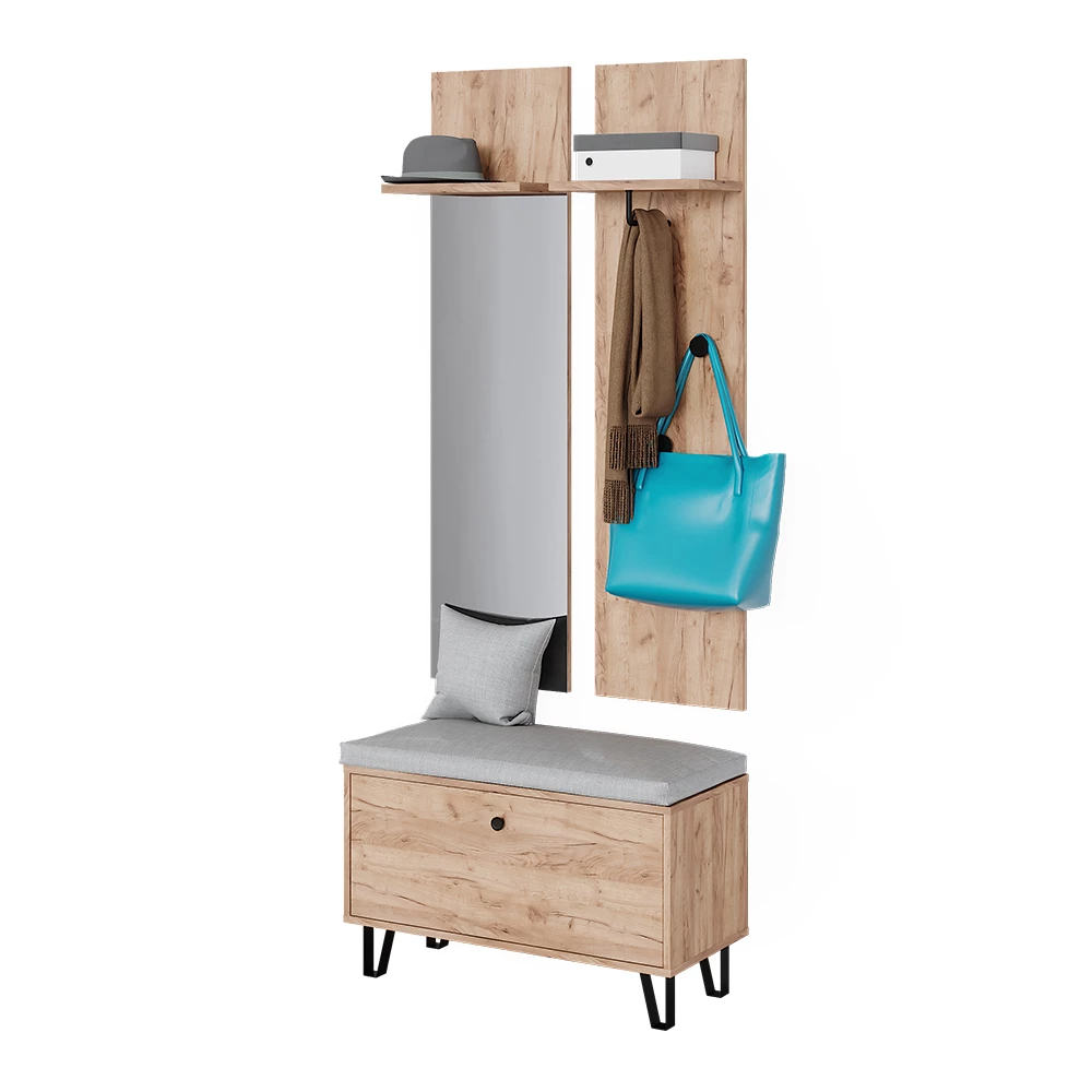 Garderobenset in Goldkraft Eiche auf weißem Hintergrund mit dekorativen Elementen