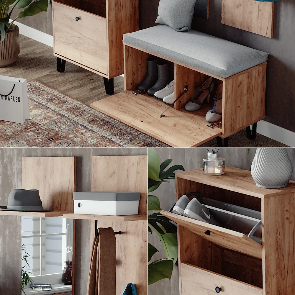 Nahaufnahme von Garderobenset in Goldkraft Eiche, zeigt Textur/Details