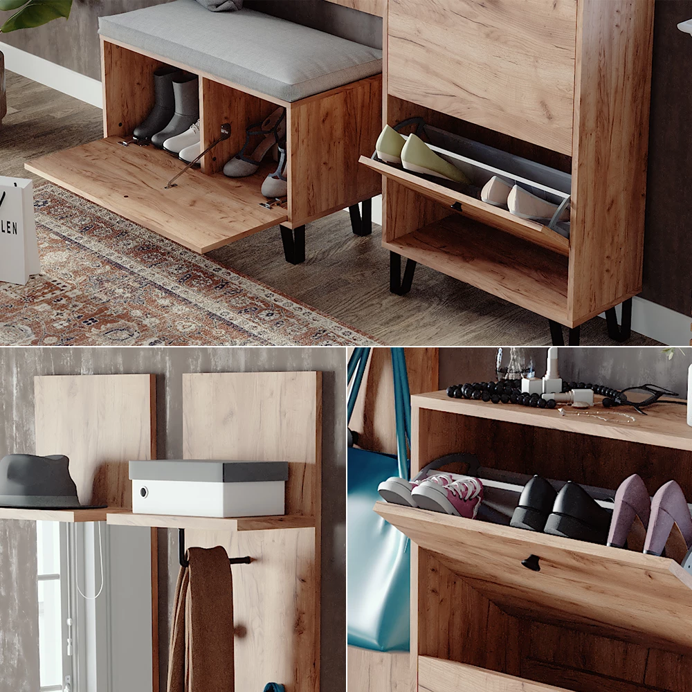 Nahaufnahme von Garderobenset in Goldkraft Eiche, zeigt Textur/Details