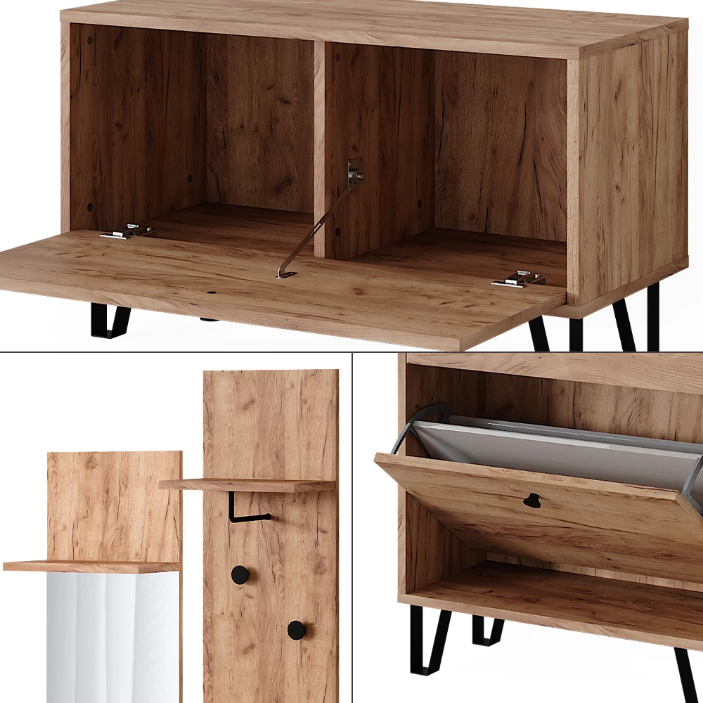 Nahaufnahme von Garderobenset in Goldkraft Eiche, zeigt Design- und Oberflächendetails