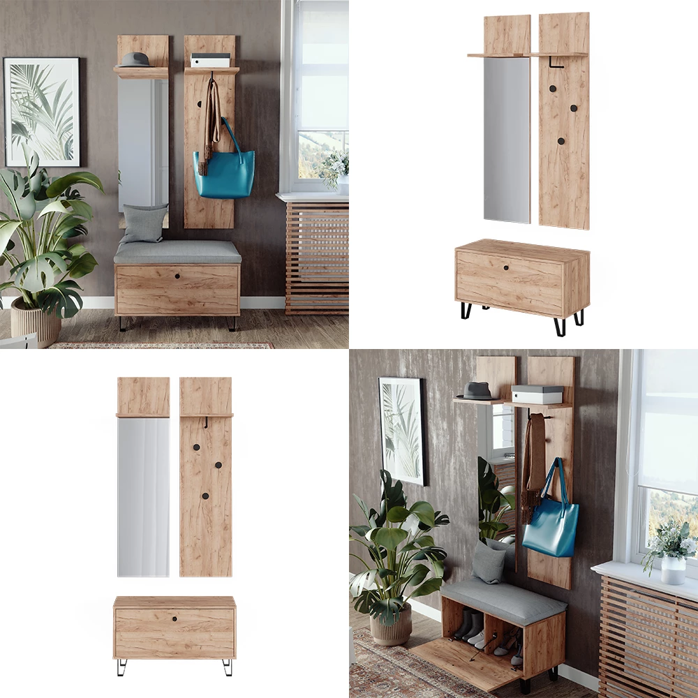 Garderobenset Siri Goldkraft Eiche Set mit Wandgarderoben und Sitzbank livinity®