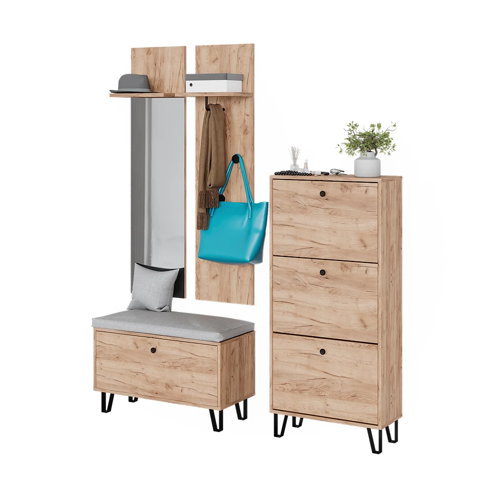 Garderobenset in Goldkraft Eiche auf weißem Hintergrund mit dekorativen Elementen