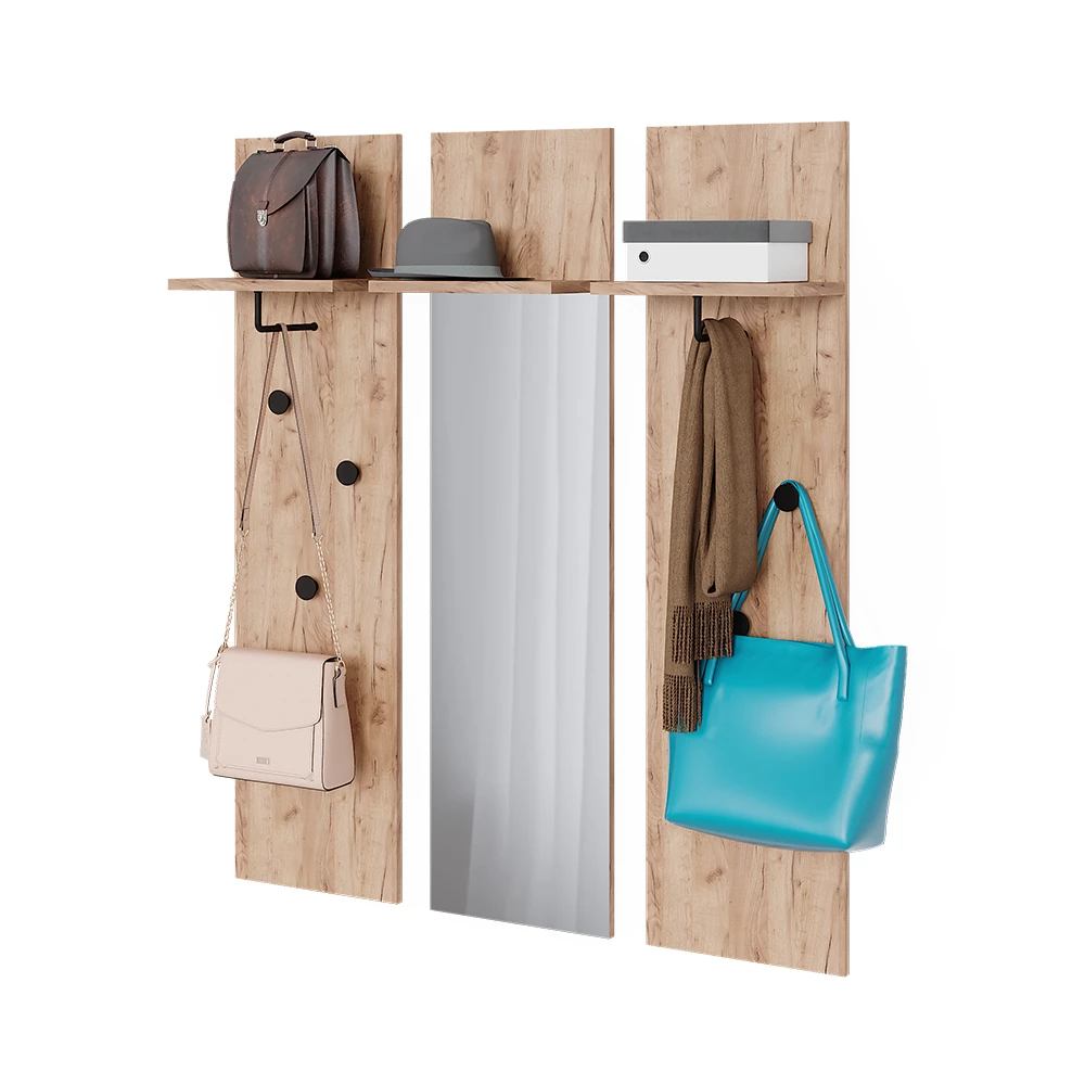 Wandgarderobe in Goldkraft Eiche auf weißem Hintergrund mit dekorativen Elementen