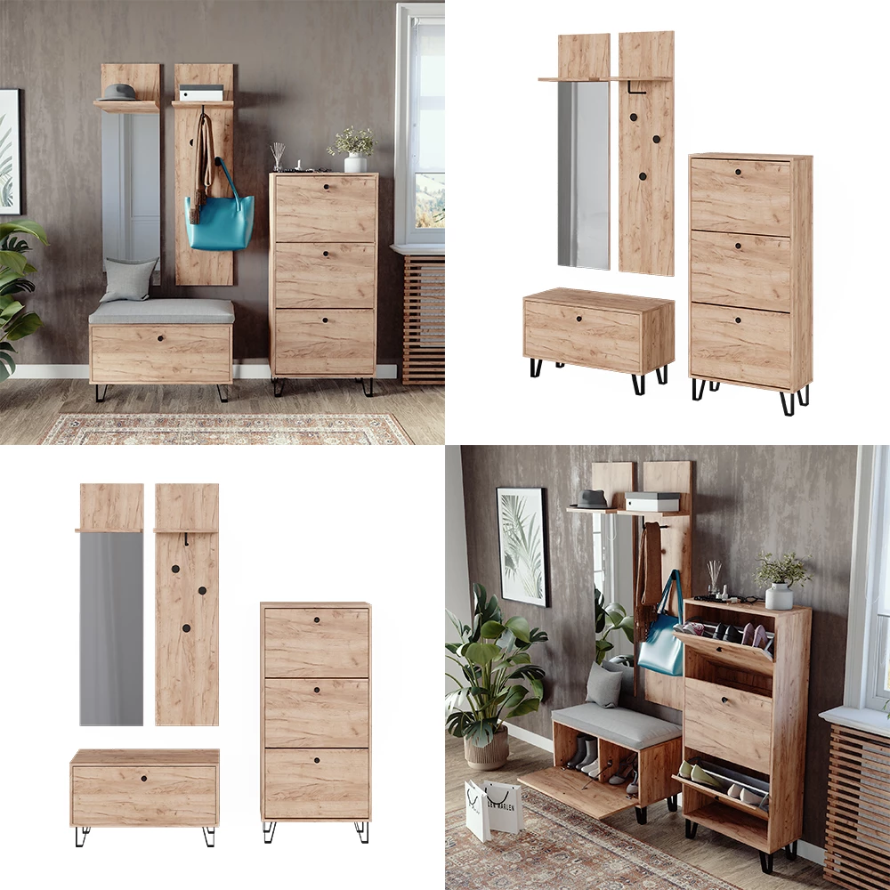 Garderobenset Siri Goldkraft Eiche Set mit Wandgarderoben, Sitzbank und Schuhschrank livinity®