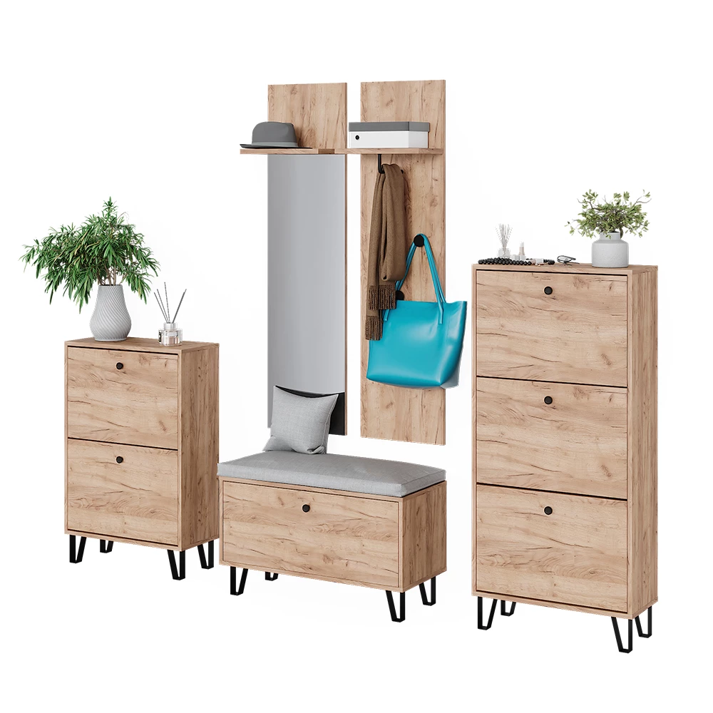 Garderobenset in Goldkraft Eiche auf weißem Hintergrund mit dekorativen Elementen